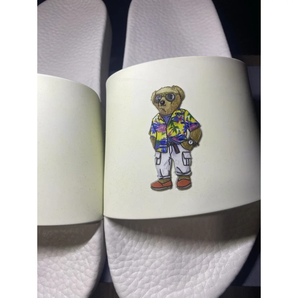 New Polo Ralph Lauren Men's Slides White Heritage Beach Polo Bear Hawaiian 13